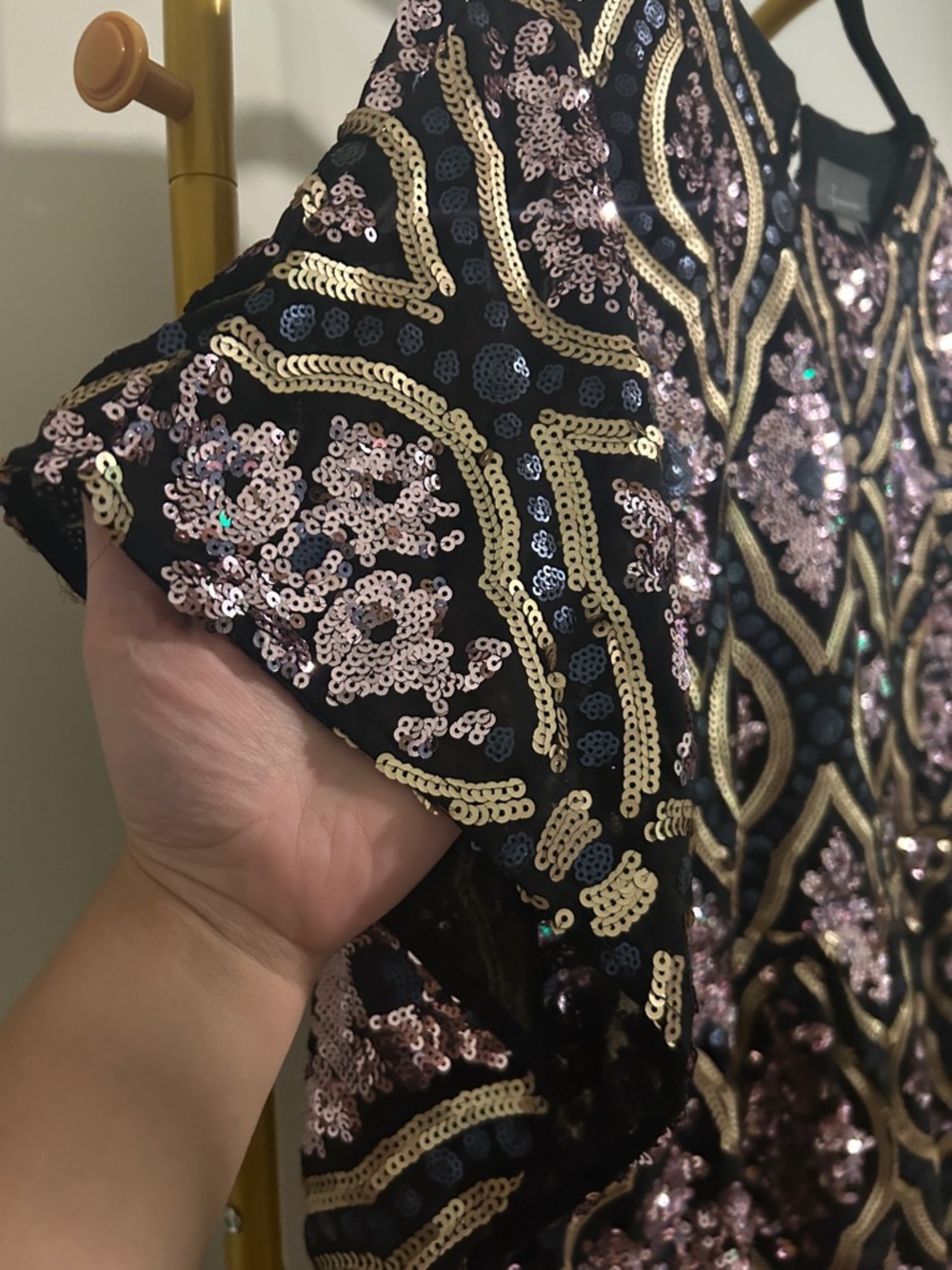 Anthropologie Black Dress with Pink Sequins and Gold Embroidery - Picture 4 of 5